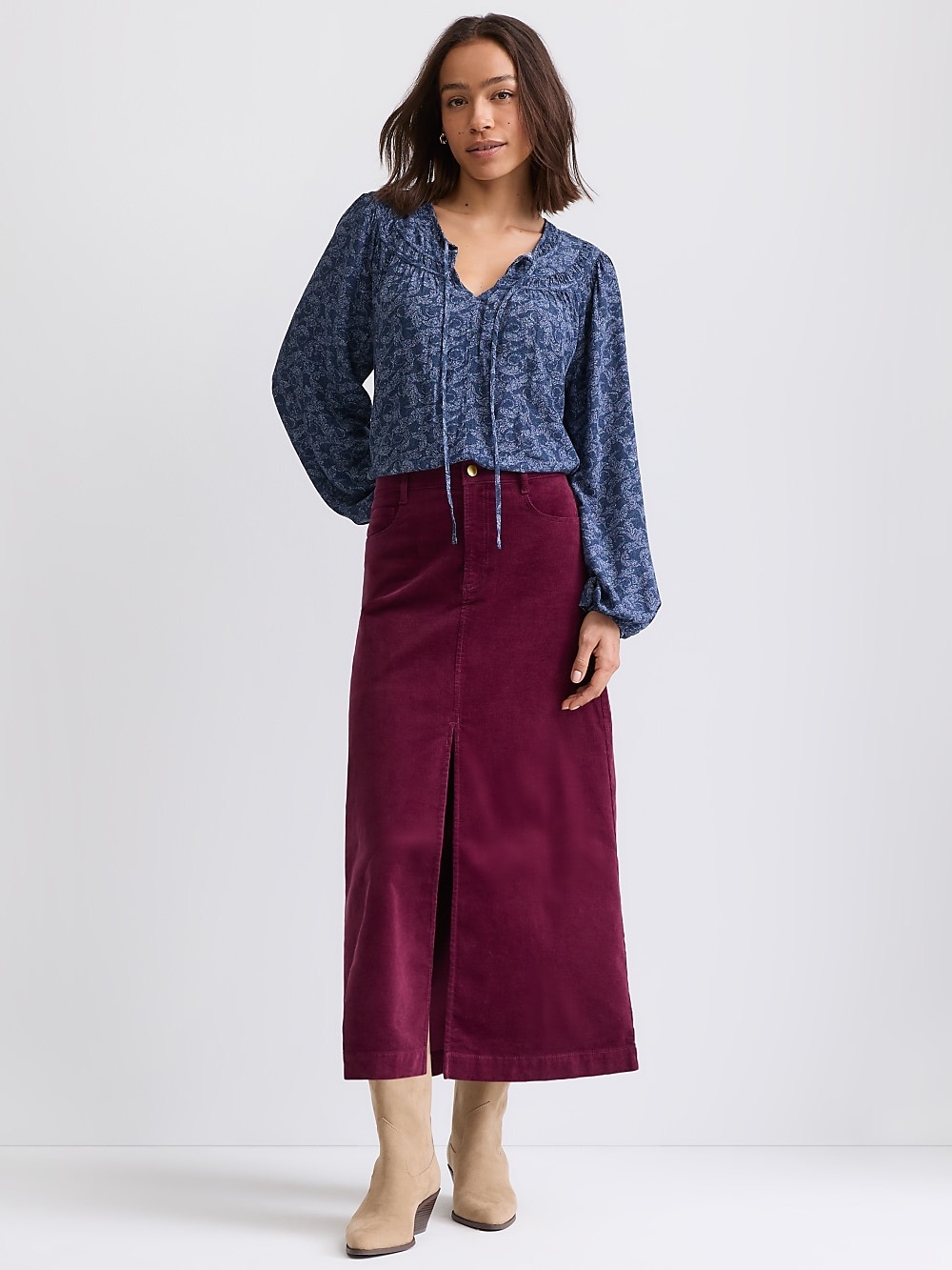 Loft burgundy corduroy midi skirt